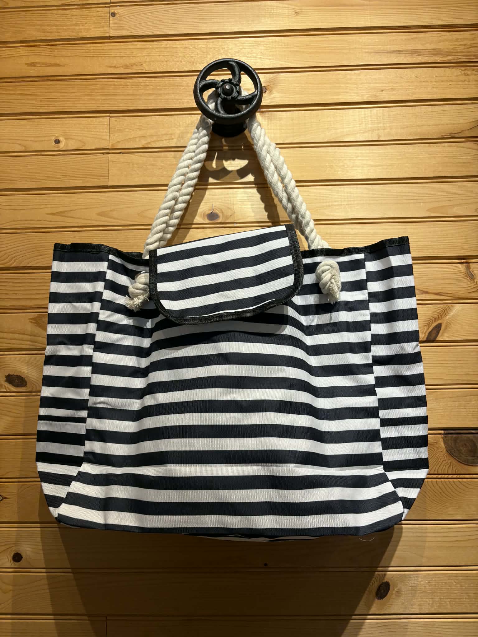 Canvas Beach Bag with Rope Handles - Black Stripe