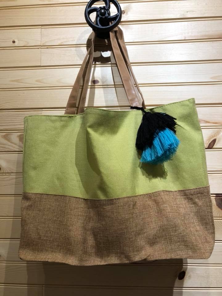Tassel Jute Tote Bag - Green