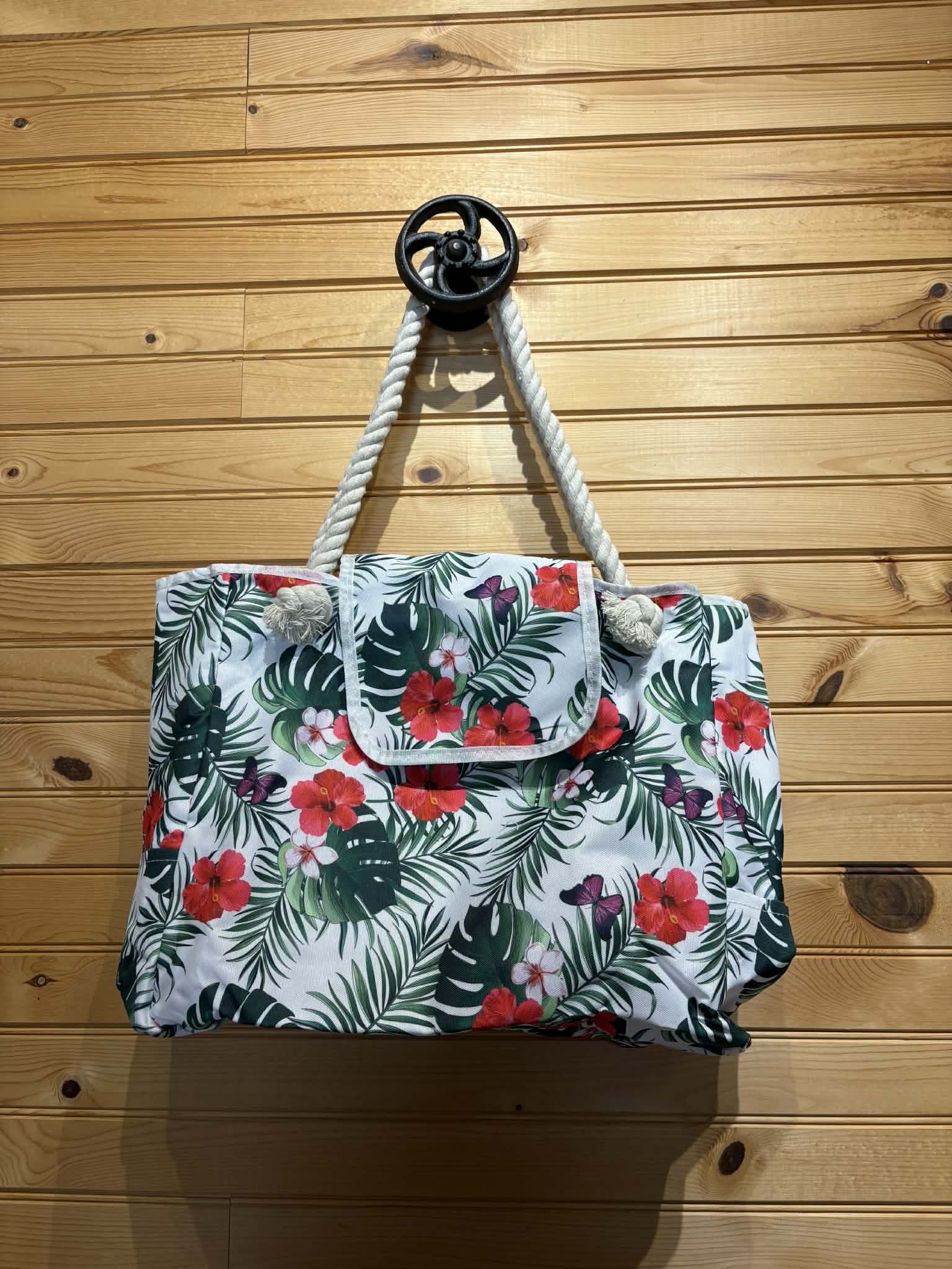 Canvas Beach Bag with Rope Handles - Palm and Red Flowers