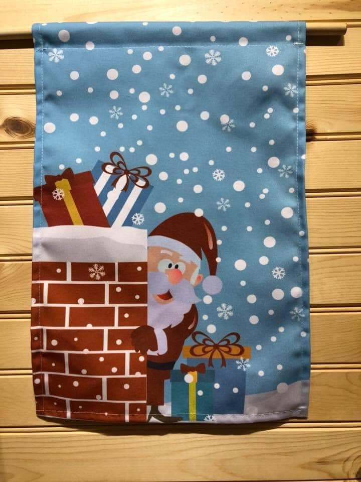 Garden Flag - Santa Hiding behind Chiminey