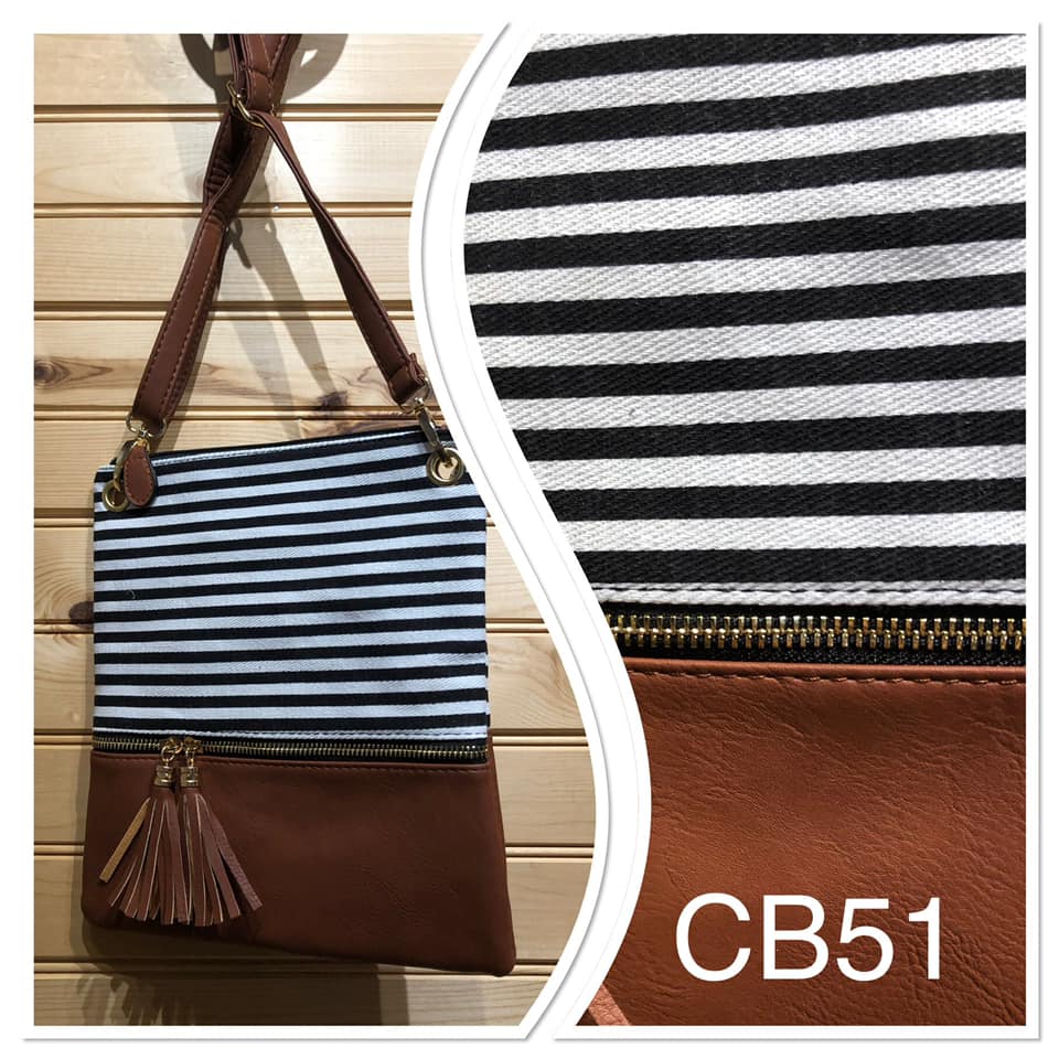 Stripe Cross Body Bag - Black Stripe with Medium Brown Vegan Leather Bottom