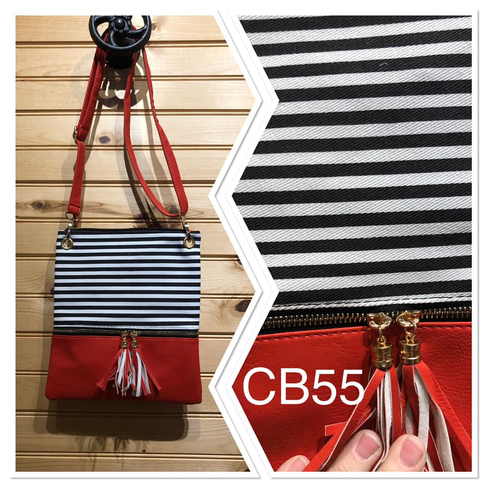 Stripe Cross Body Bag - Black Stripe with Red Vegan Leather