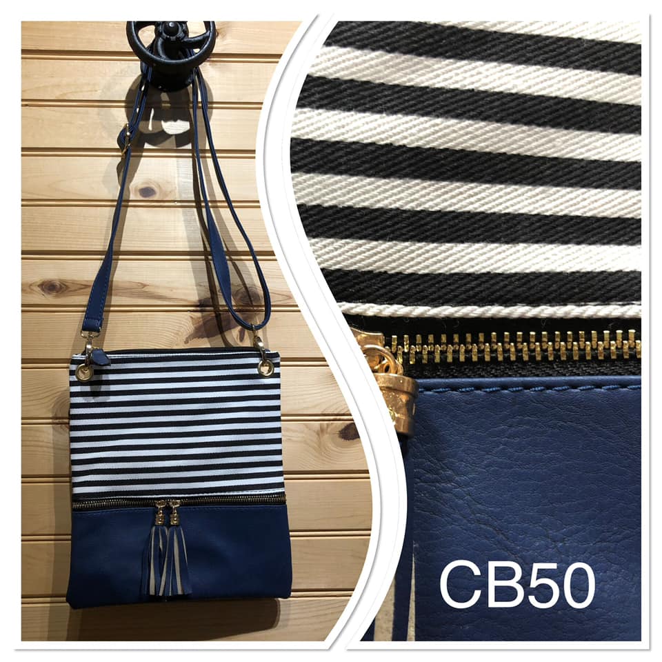 Stripe Cross Body Bag - Black Stripe with Blue Vegan Leather