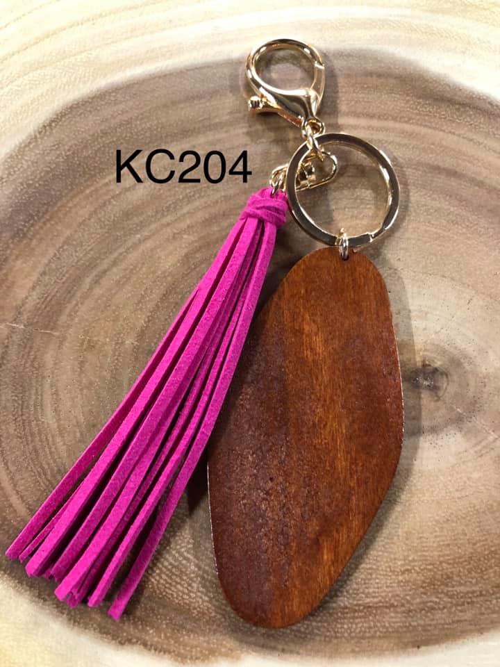 Wood Diamond Disc and Tassel Keyring - Hot Pink