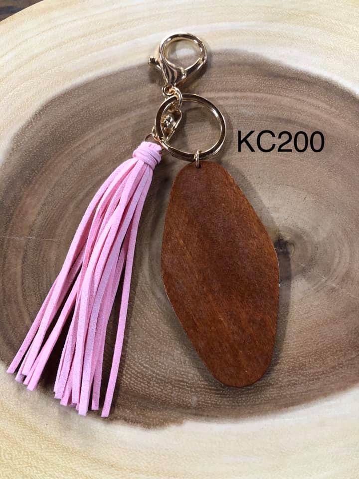 Wood Diamond Disc and Tassel Keyring - Pink