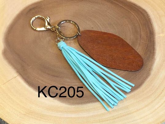 Wood Diamond Disc and Tassel Keyring - Teal