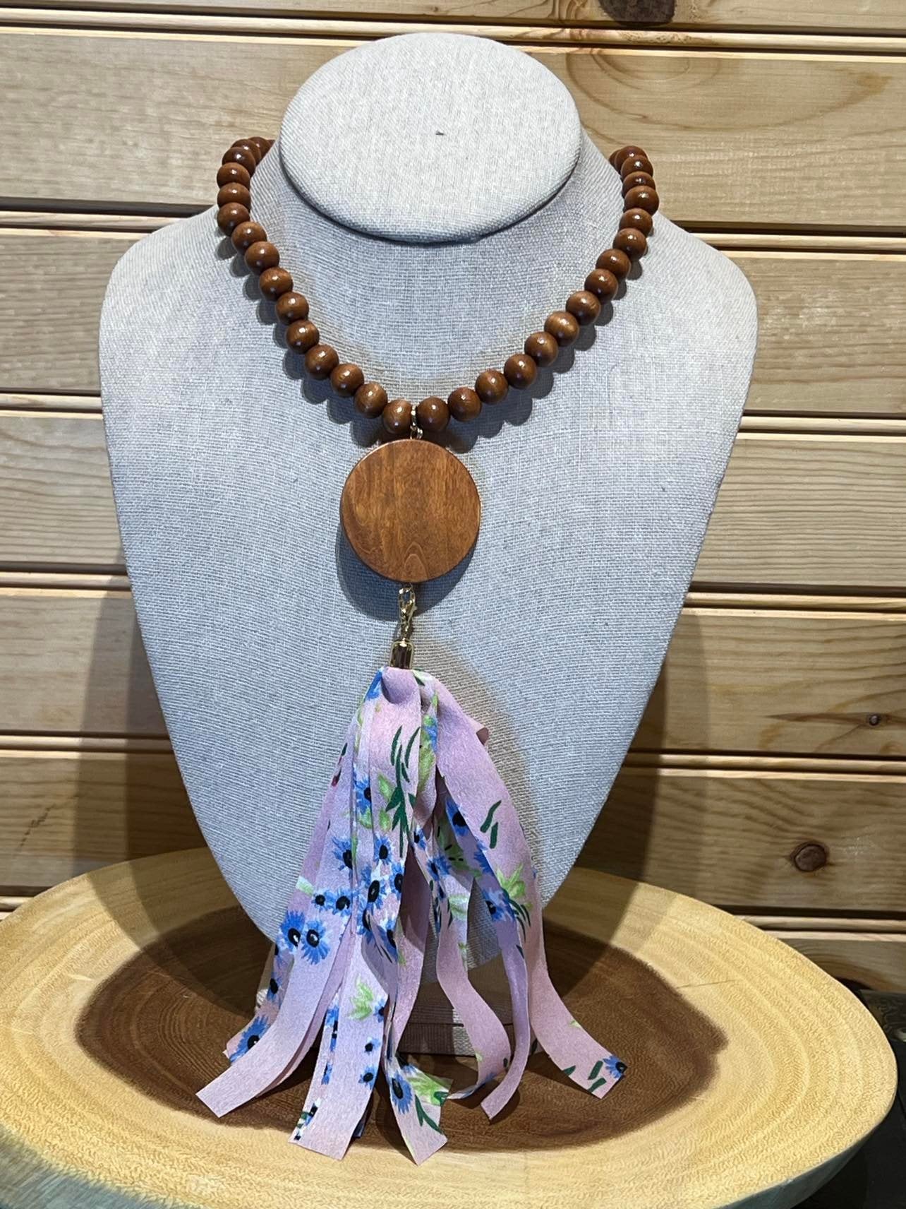 Wood Bead Disc Tassel Necklace with Pink with Blue Flowers - #11