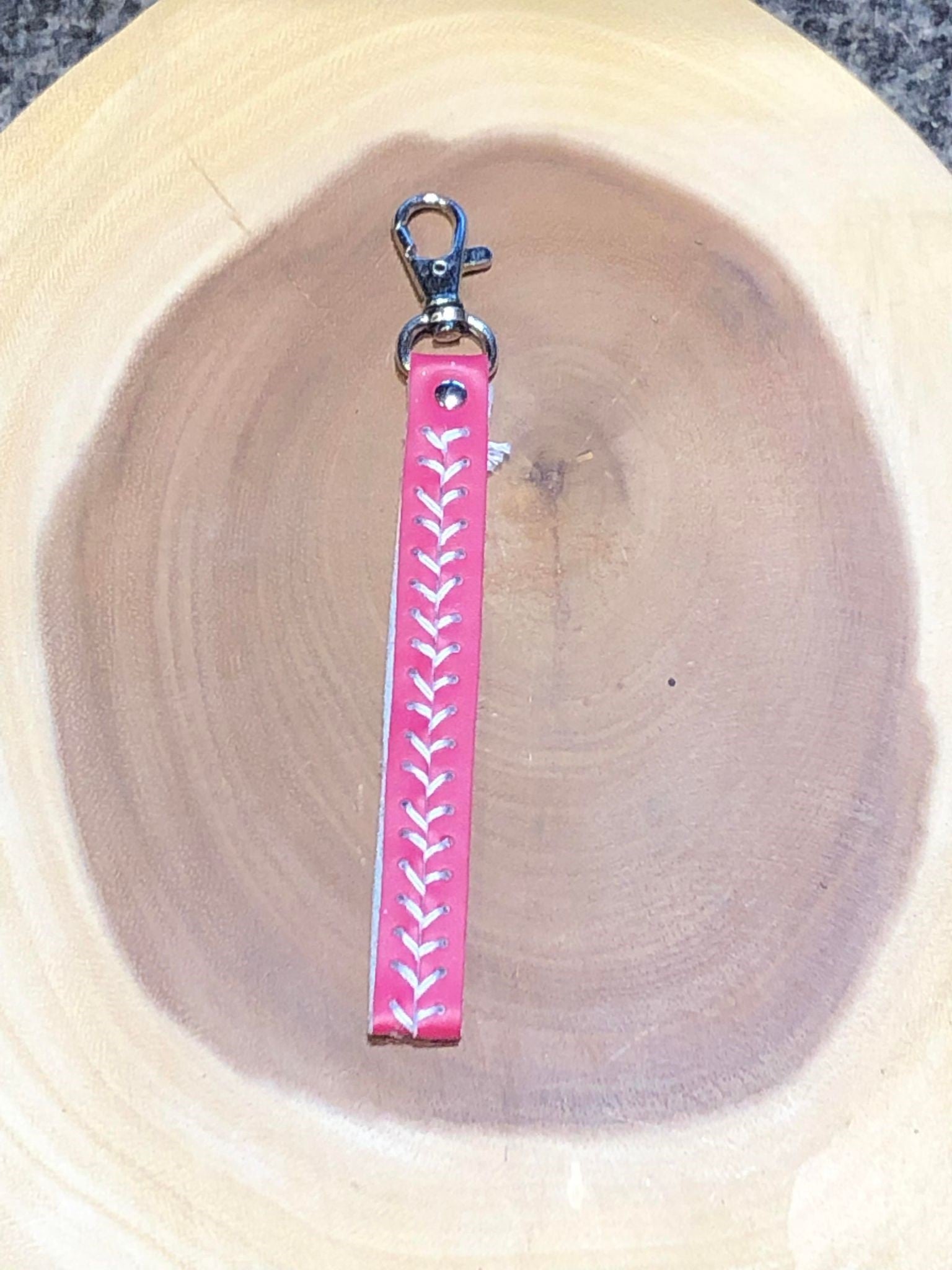 Wrist Strap with Clip - Pink with White Stitching