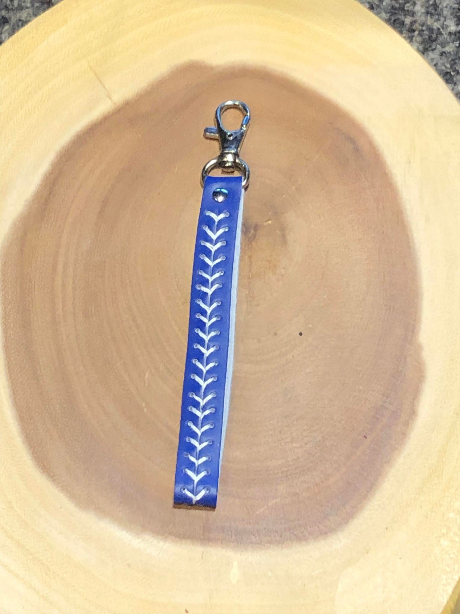 Wrist Strap with Clip - Blue with White Stitching