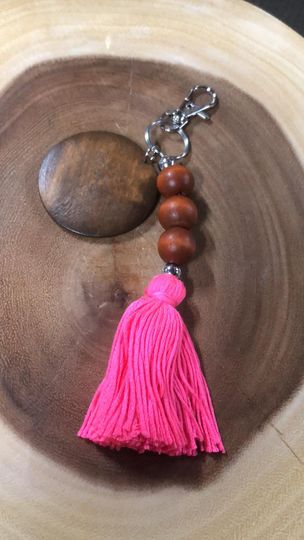 Wood Bead Tassel Keyring/clip with Wood Monogram Disc - Hot Pink