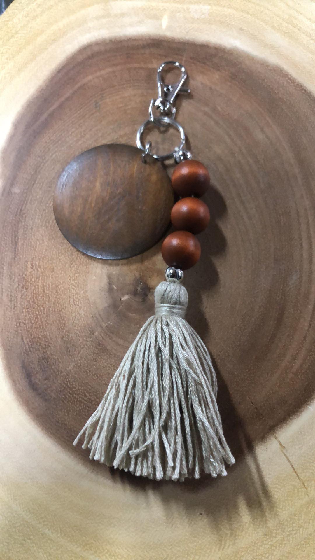 Wood Bead Tassel Keyring/clip with Wood Monogram Disc - Grey