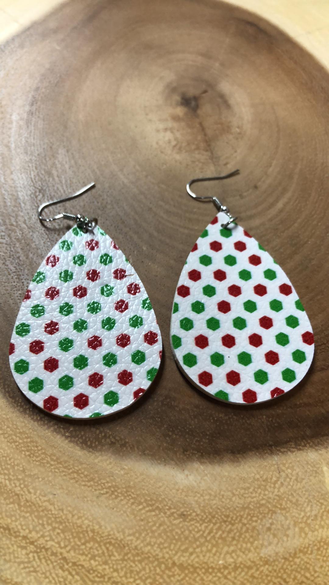 Christmas Vegan Leather Tear Drop Earring - Green and Red Polka Dots