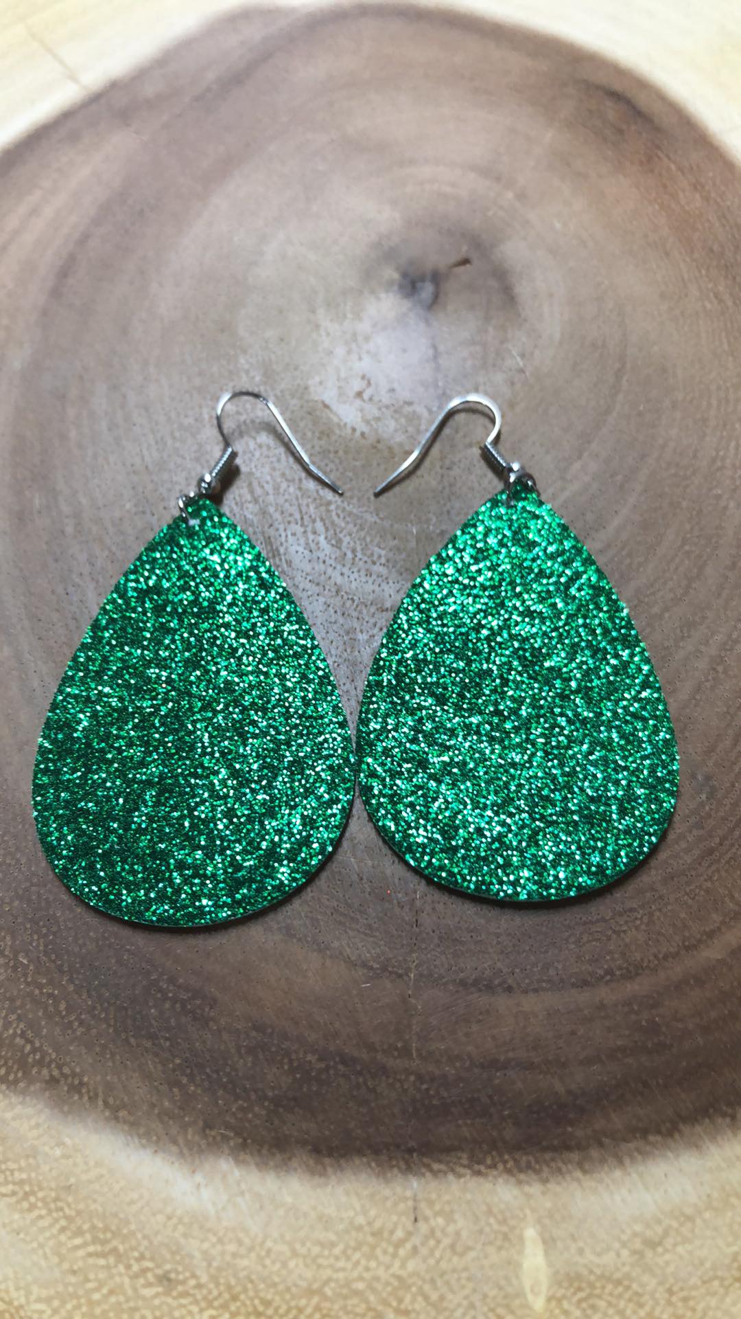 Christmas Vegan Leather Tear Drop Earring - Green Glitter