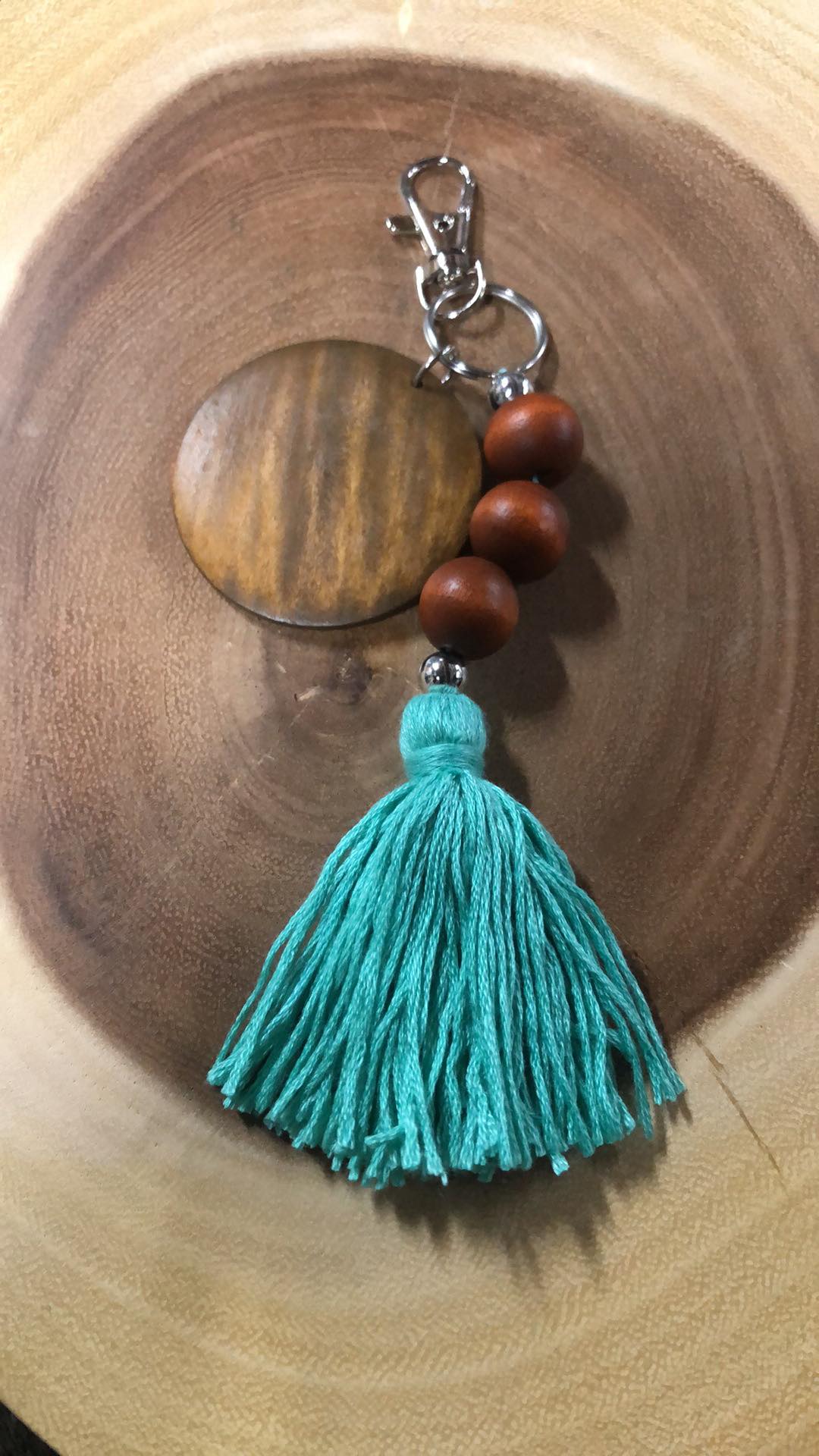Wood Bead Tassel Keyring/clip with Wood Monogram Disc - Dark Mint