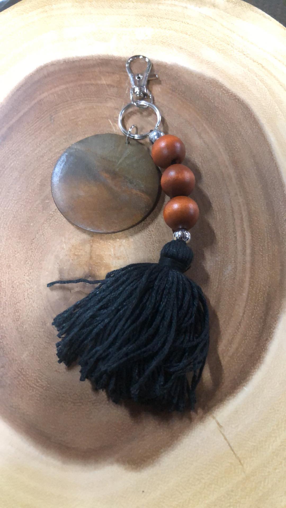 Wood Bead Tassel Keyring/clip with Wood Monogram Disc - Black