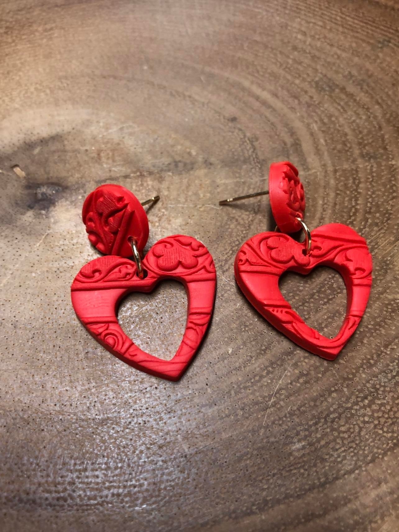 Polymer Clay Heart Earrings - Red Embossed with Cut out heart.