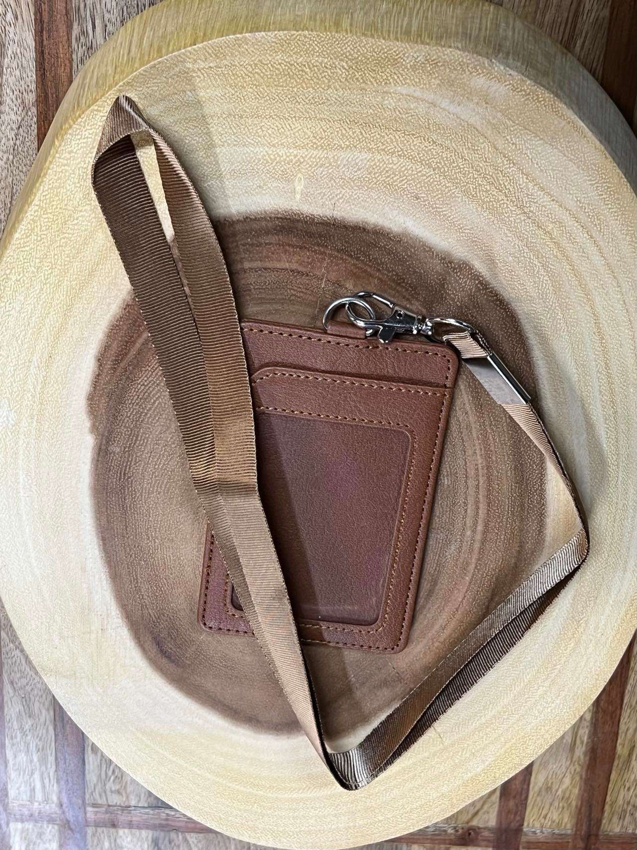 Vegan Leather Lanyard with Badge and Credit card Holder - Brown