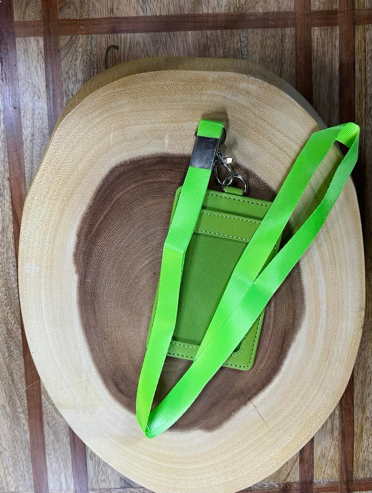 Vegan Leather Lanyard with Badge and Credit card Holder - Green