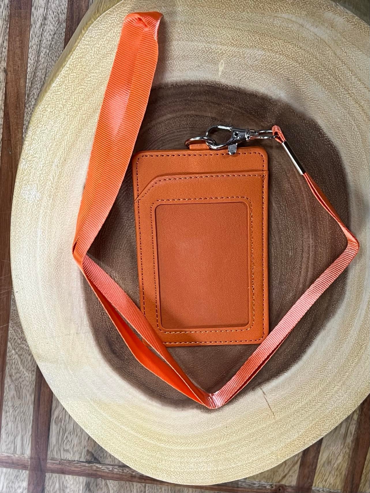Vegan Leather Lanyard with Badge and Credit card Holder - Orange
