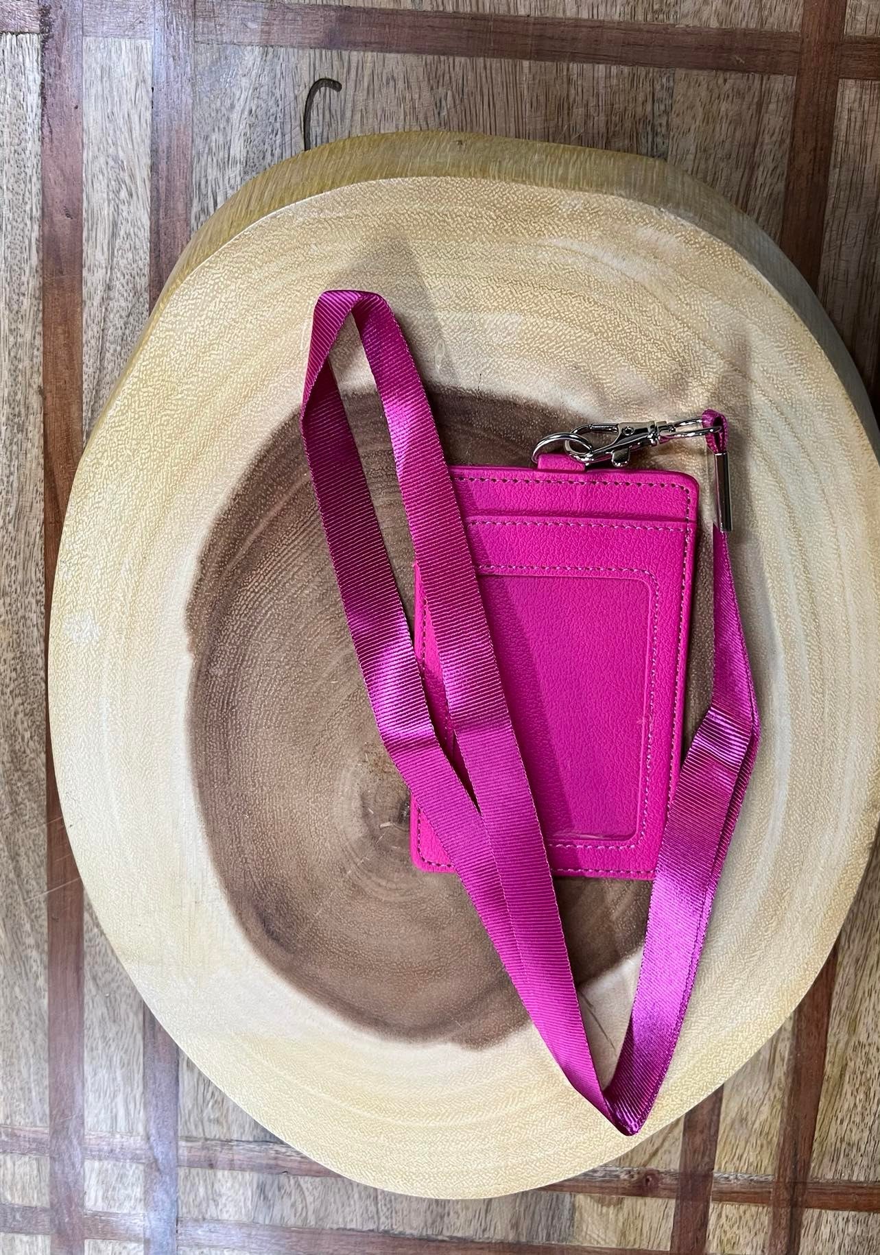 Vegan Leather Lanyard with Badge and Credit card Holder - Fuschia