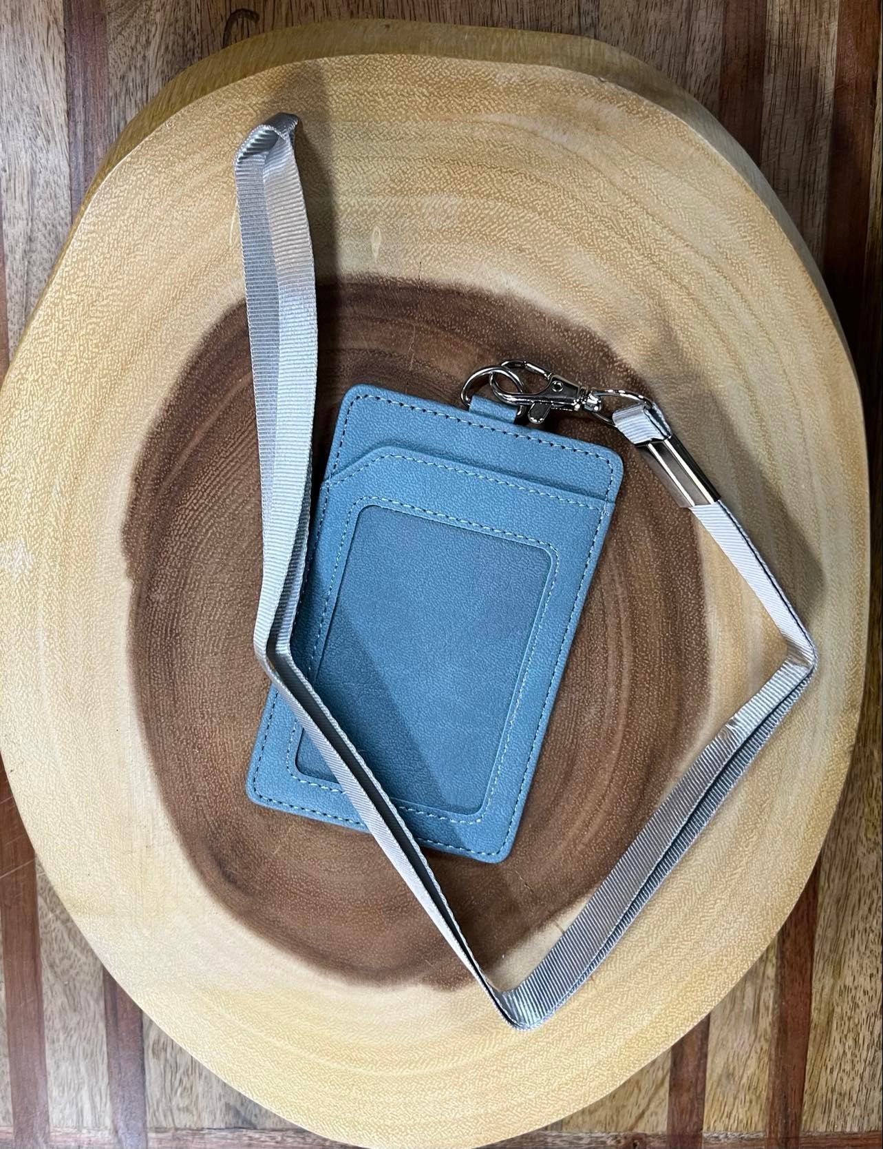 Vegan Leather Lanyard with Badge and Credit card Holder - Ice Blue