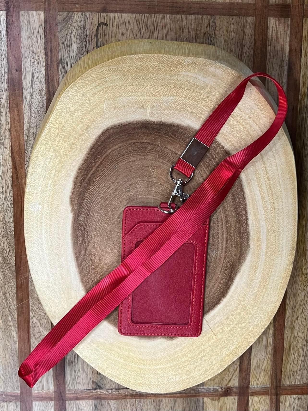 Vegan Leather Lanyard with Badge and Credit card Holder - Red