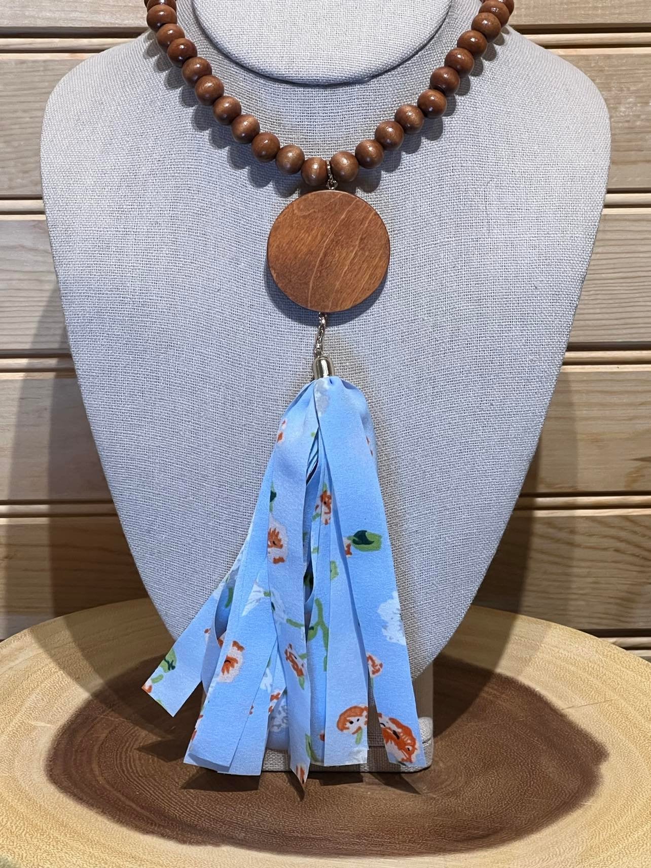 Wood Bead Disc Tassel Necklace with Lt Blue with Pasiley - #17