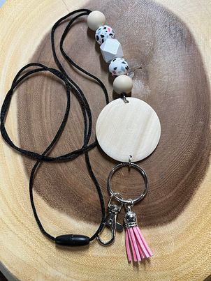 Lanyard with Clip and Split Keyring - #26 - Silicone beads Grey Black and Pink Confetti Pink Tassel