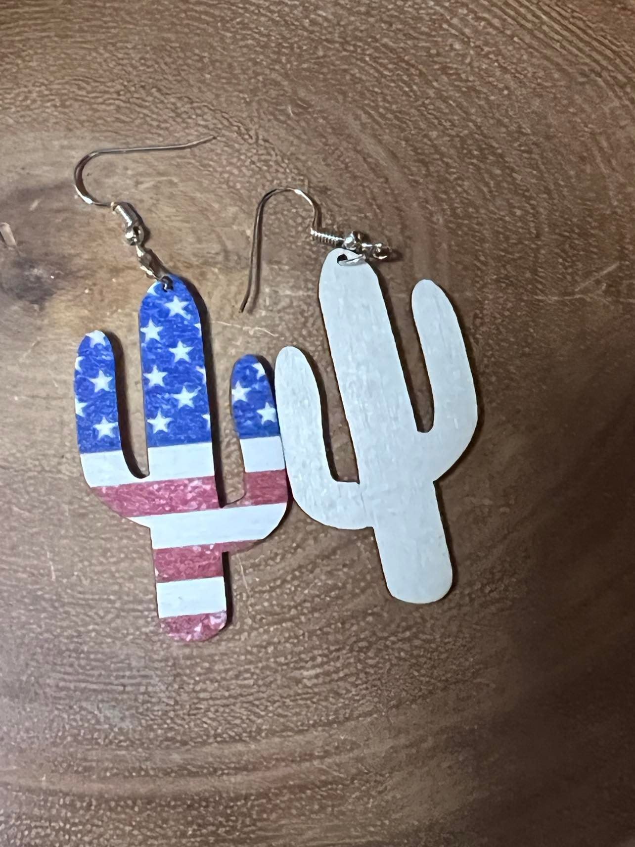 Light Wood Earrings - Cactus and American Flag