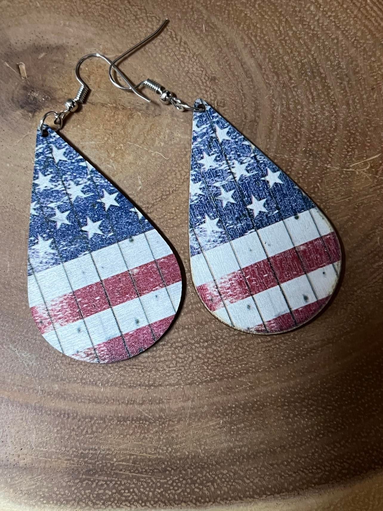 Light Wood Earrings - Tear Drop American Flag