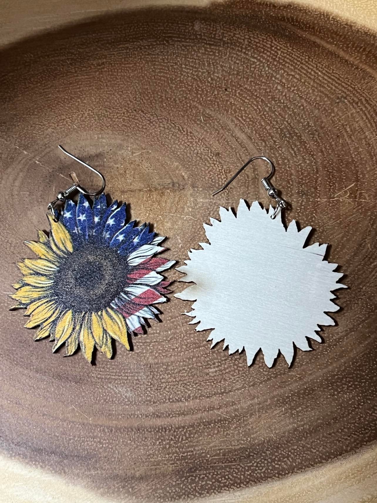 Light Wood Earrings - Sunflower and American Flag