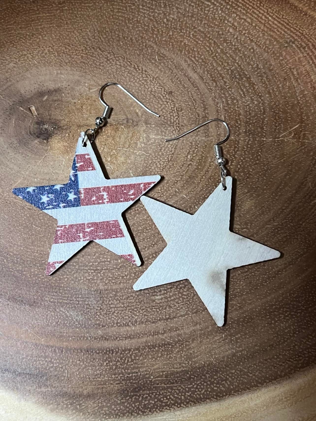 Light Wood Earrings - Star American Flag