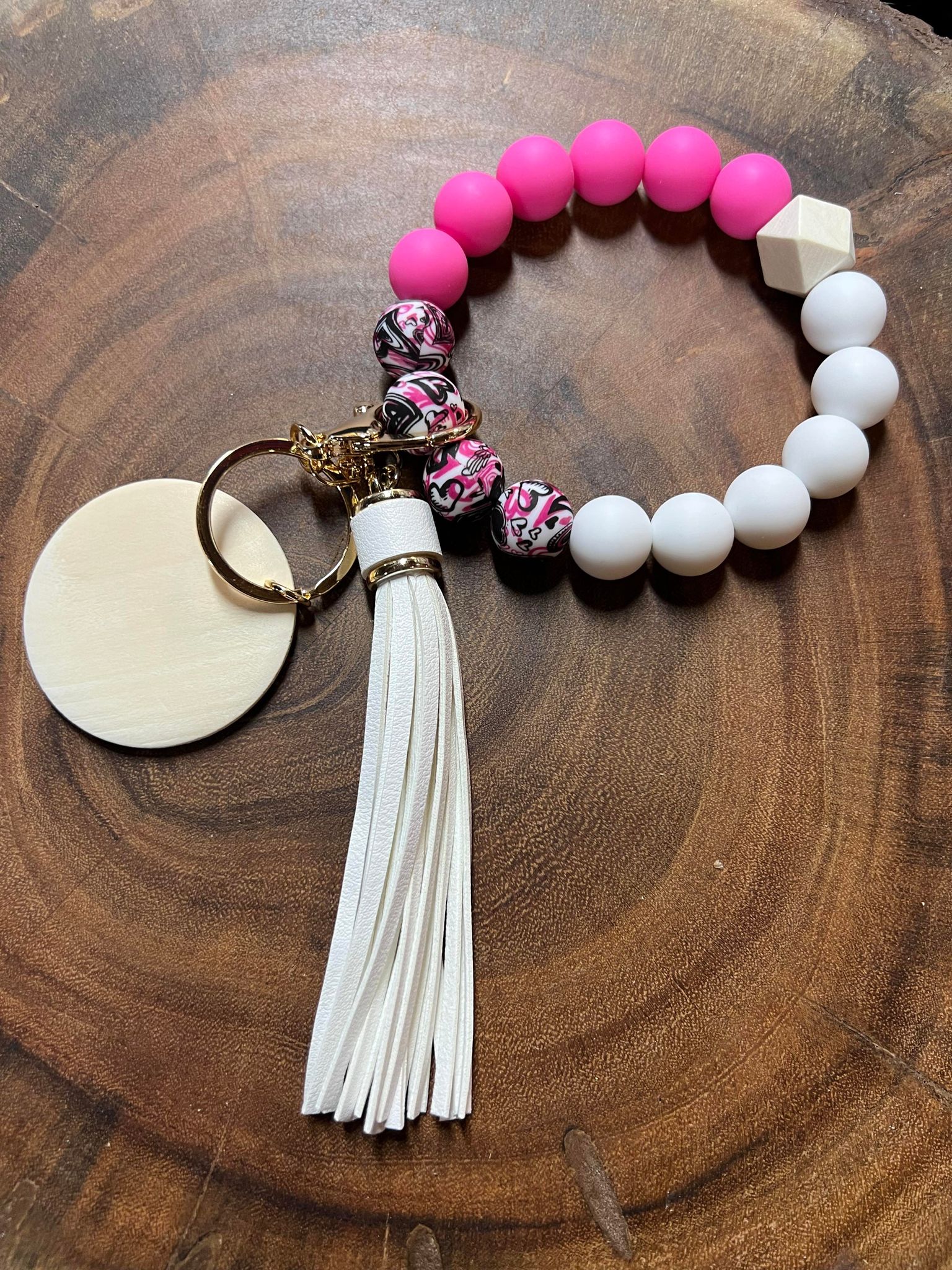 Hot Pink, White with Black and Pink Hearts decorative Silicone Bead Bracelet Keyring