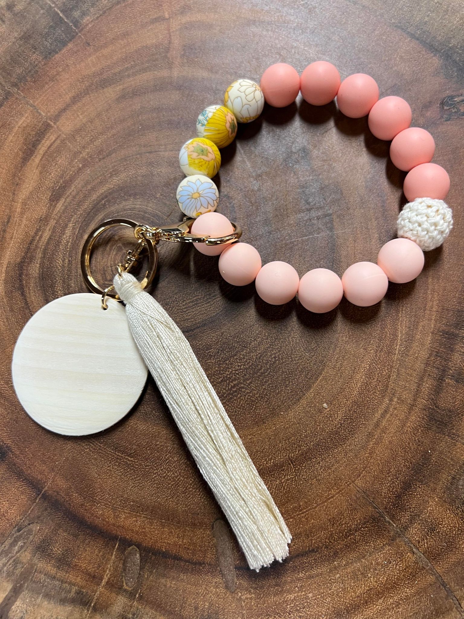 Sunflower with Peach Silicone Bead and one thread bead Bracelet Keyring