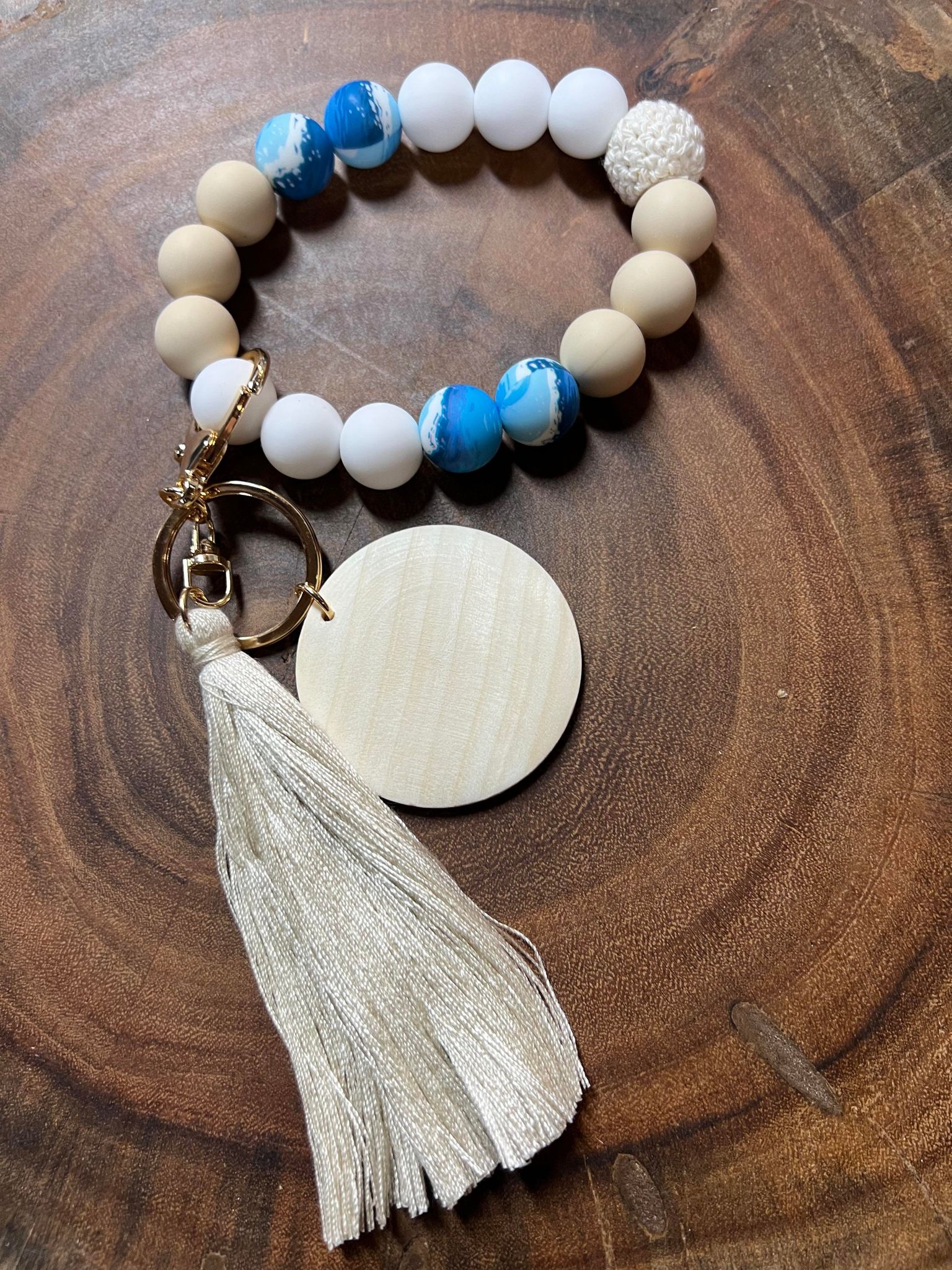 Ocean Blue with White & Tan Silicone Bead and one thread bead Bracelet Keyring