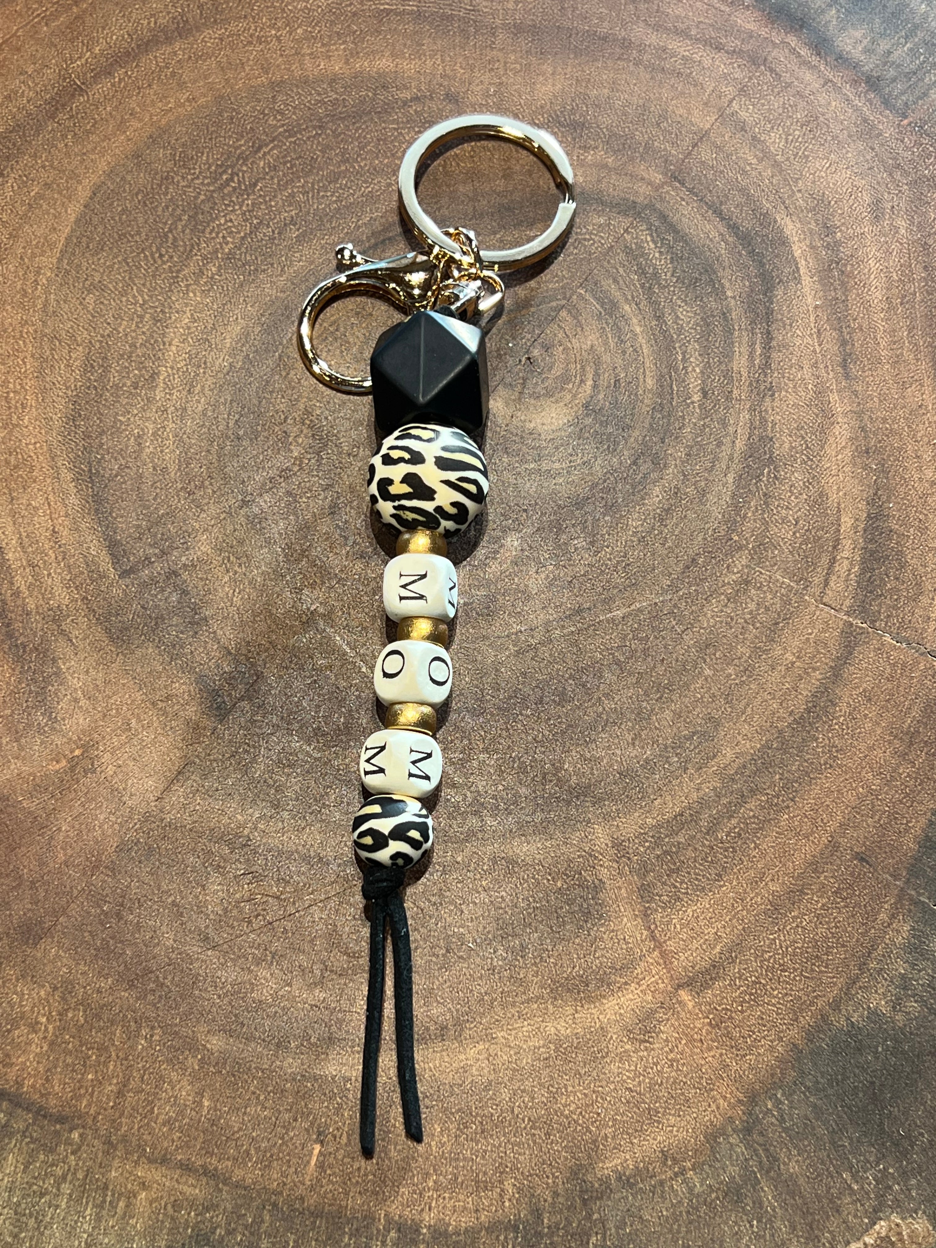 MOM Silicone Bead Keyring. Black / Leopard.