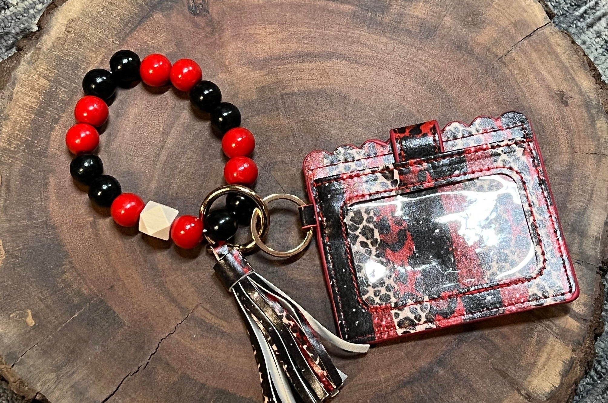 Wood Bead Bangle with Vegan Leather Credit Card - VBCC - Red / Black / Leopard