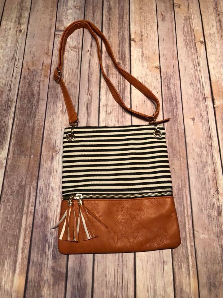 Stripe Cross Body Bag - Black Stripe with Lt Brown Vegan Leather