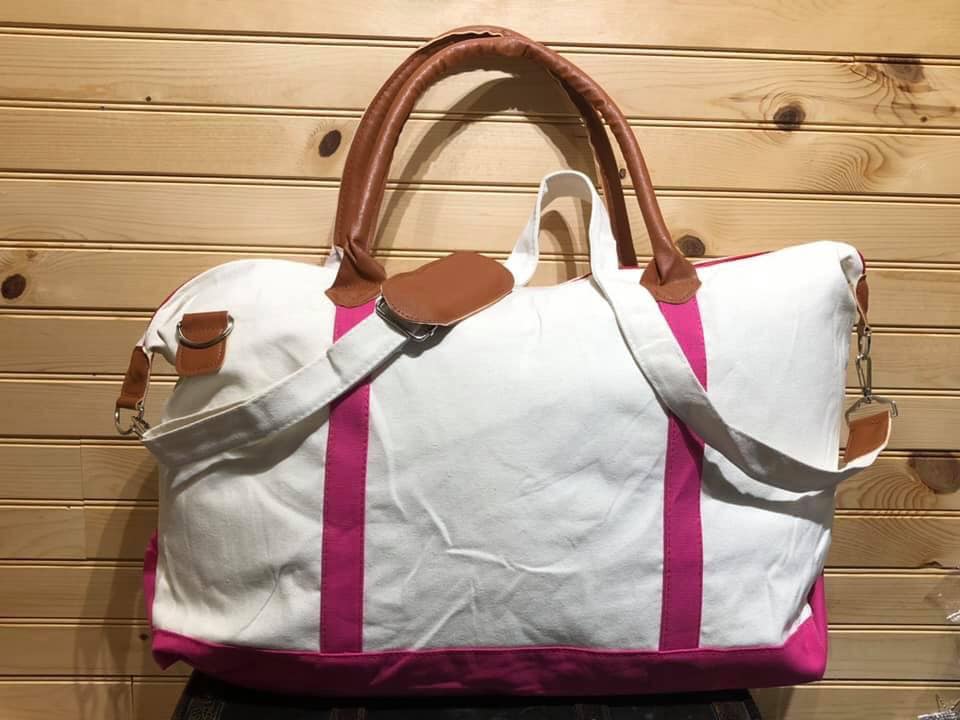 White with Pink Trim Overnight / Weekender Bag with Strap