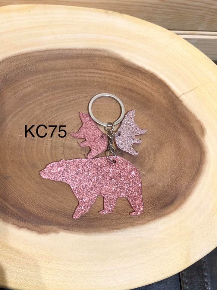 Acrylic Keyring - Mama Bear and 2 Cubs - Pink