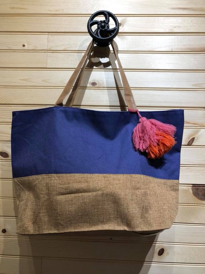Tassel Jute Tote Bag - Blue