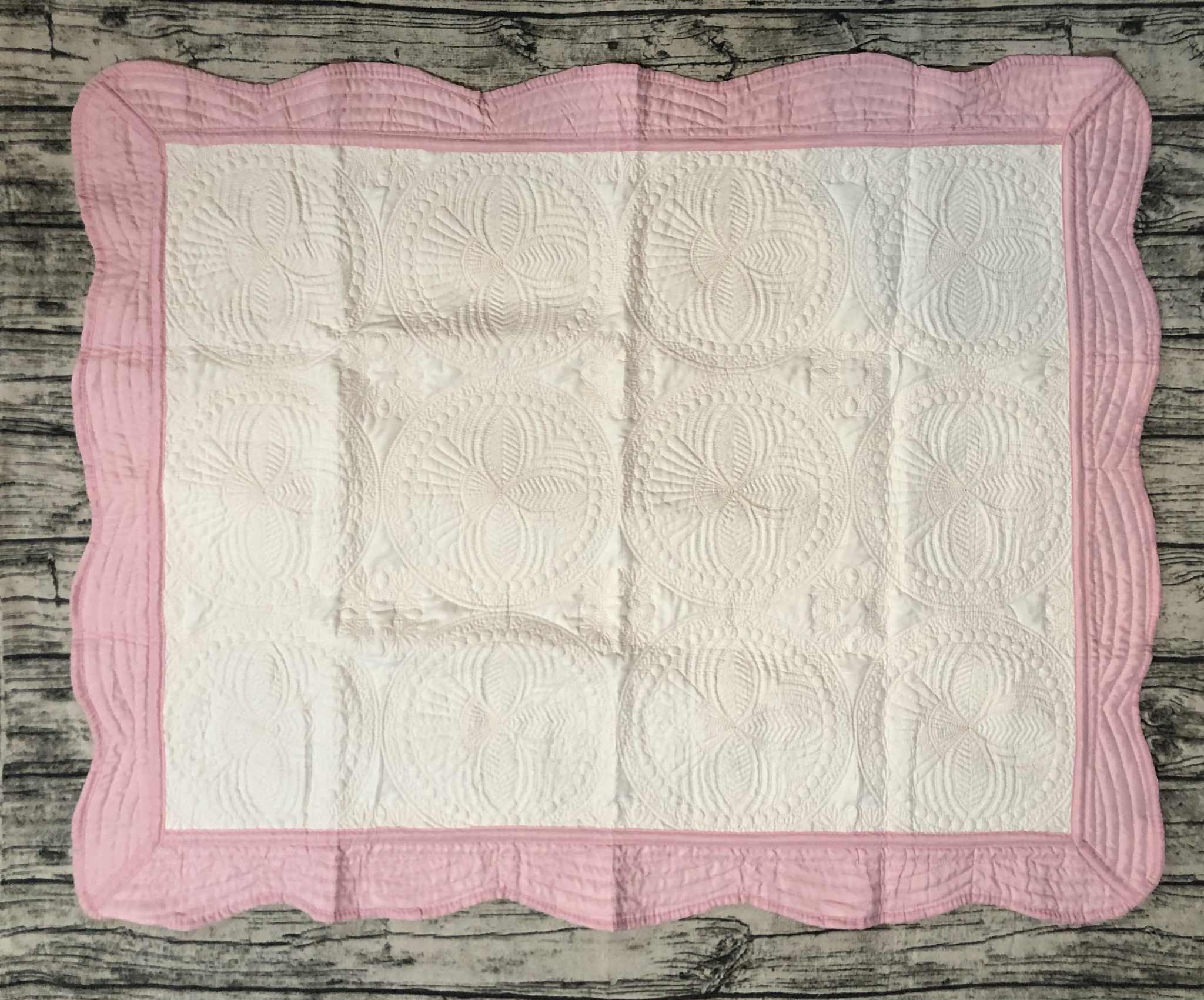 Heirloom Baby Quilt - White with Lt Pink Trim and Pink Stitching