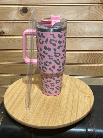 X Large Double Wall Handle Leopard Tumbler -  Pink