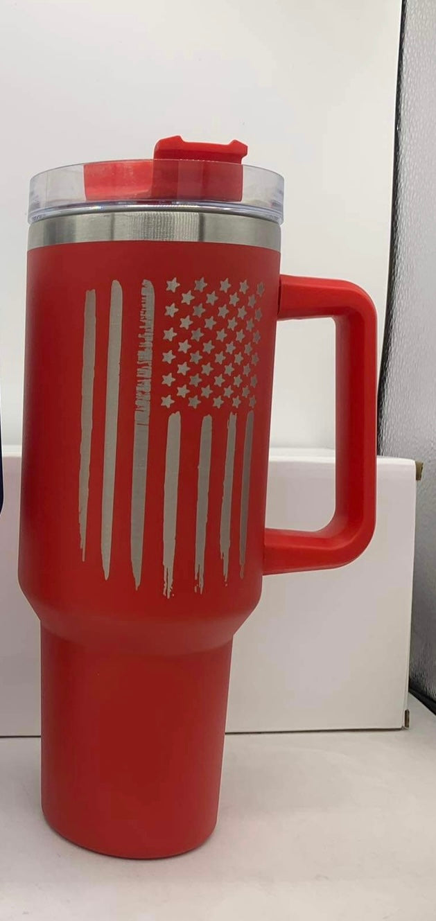 X Large Double Wall Handle Red Engraved Flag Tumbler