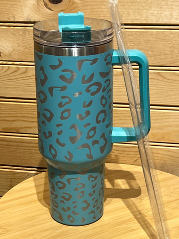 X Large Double Wall Handle Leopard Tumbler - #19 - Teal