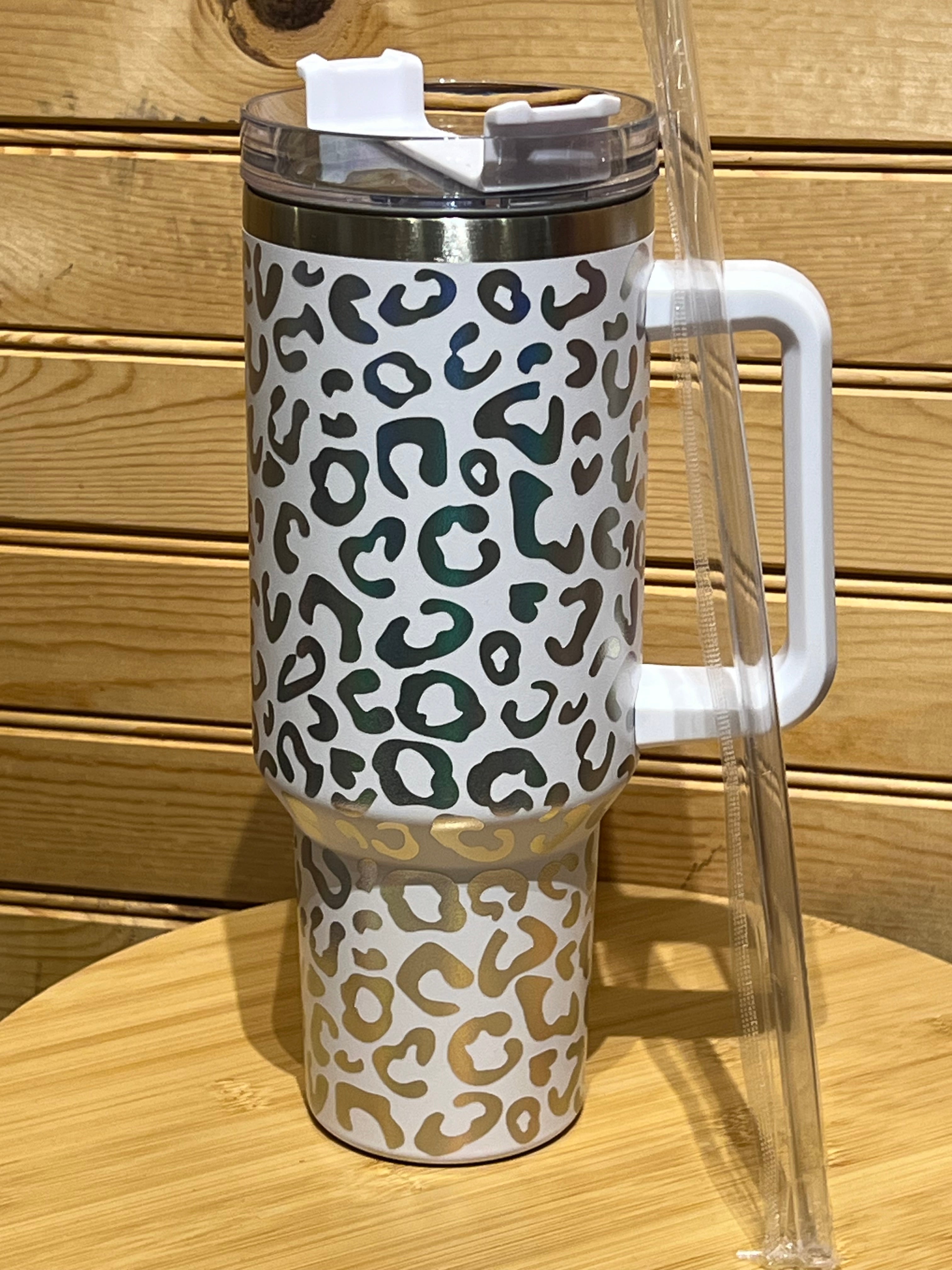 X Large Double Wall Handle Leopard Tumbler - White /  Iridescent