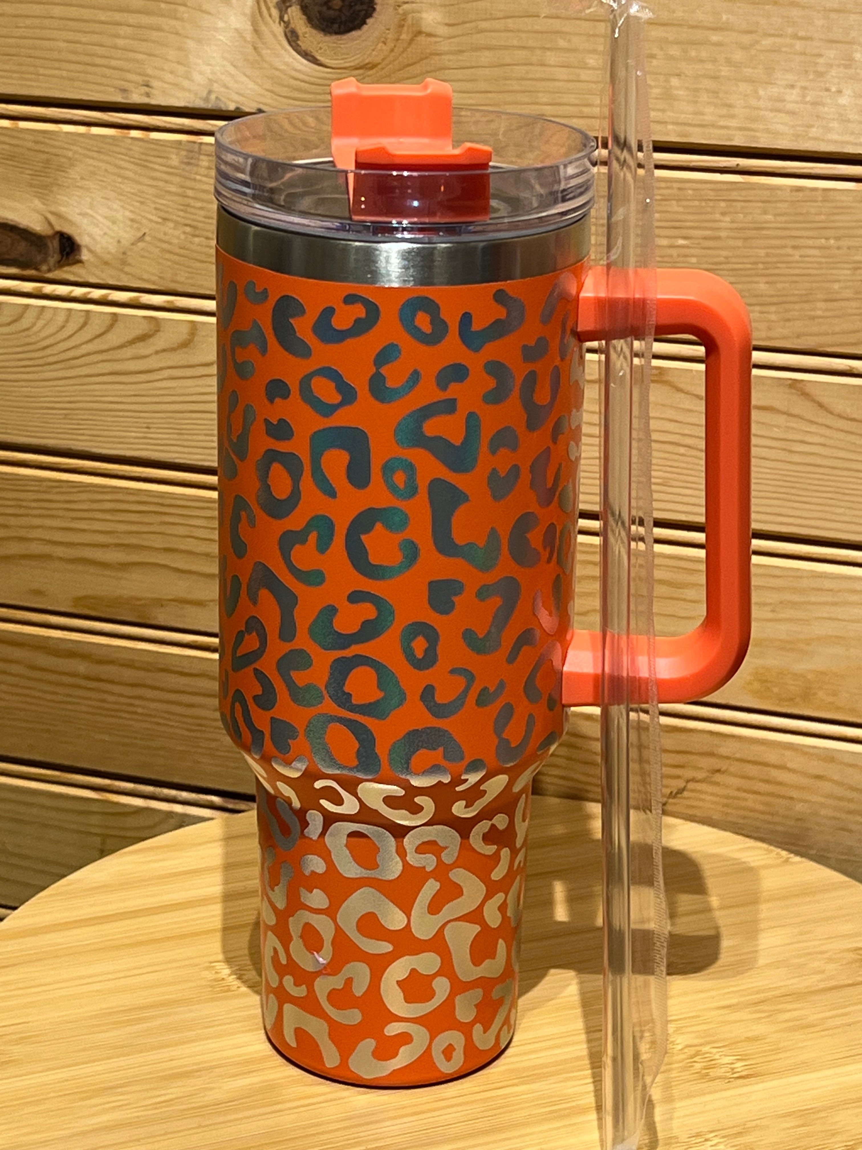 X Large Double Wall Handle Leopard Tumbler - Tangerine /  Iridescent