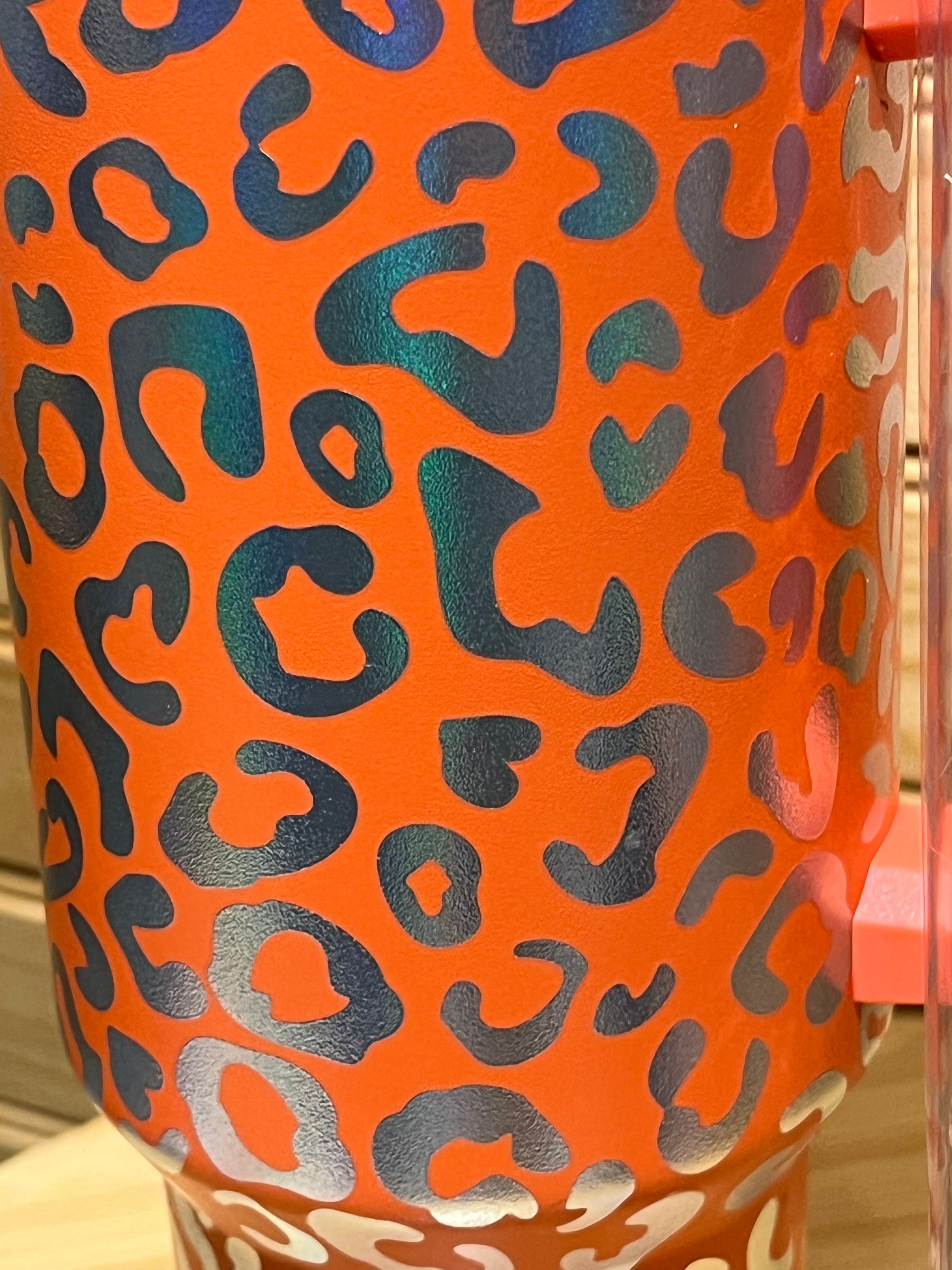 X Large Double Wall Handle Leopard Tumbler - Tangerine /  Iridescent