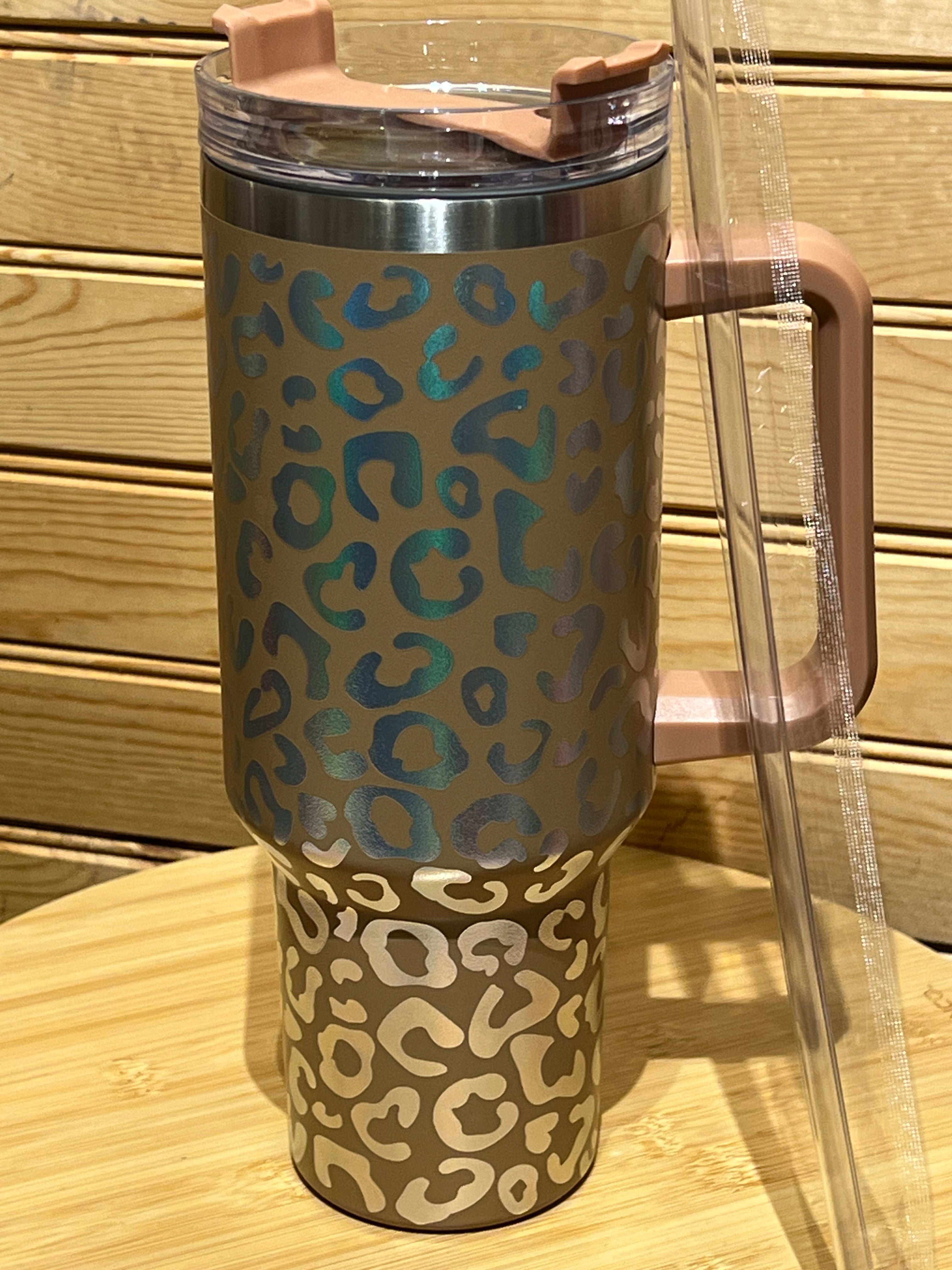 X Large Double Wall Handle Leopard Tumbler - Med Brown /  Iridescent