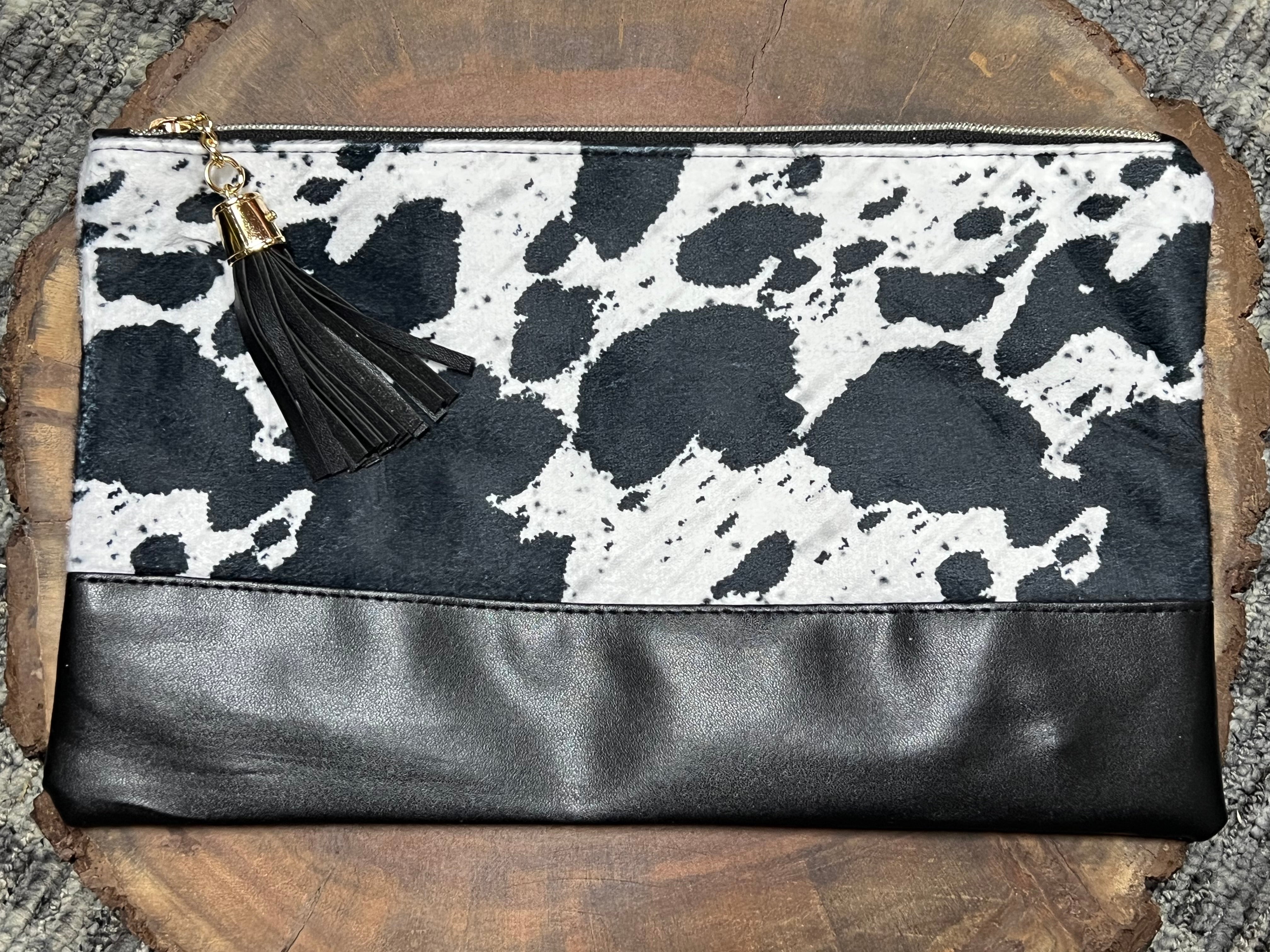 Cow Makeup Bag - Black Vegan Bottom with Black Tassel